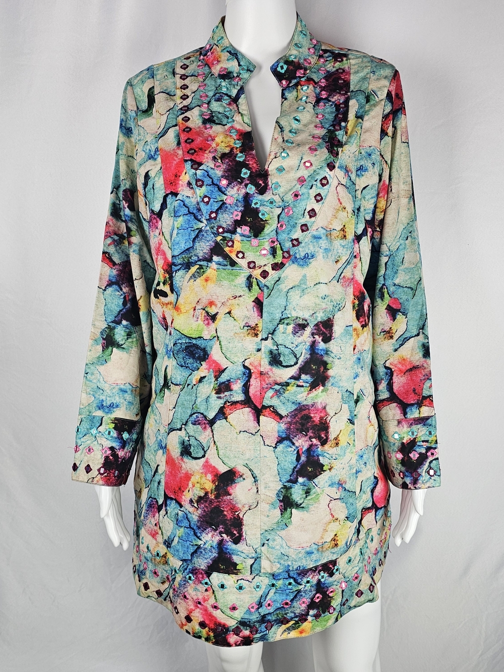 Soft Surroundings Watercolor Floral Blouse in Blue, Pink and Teal